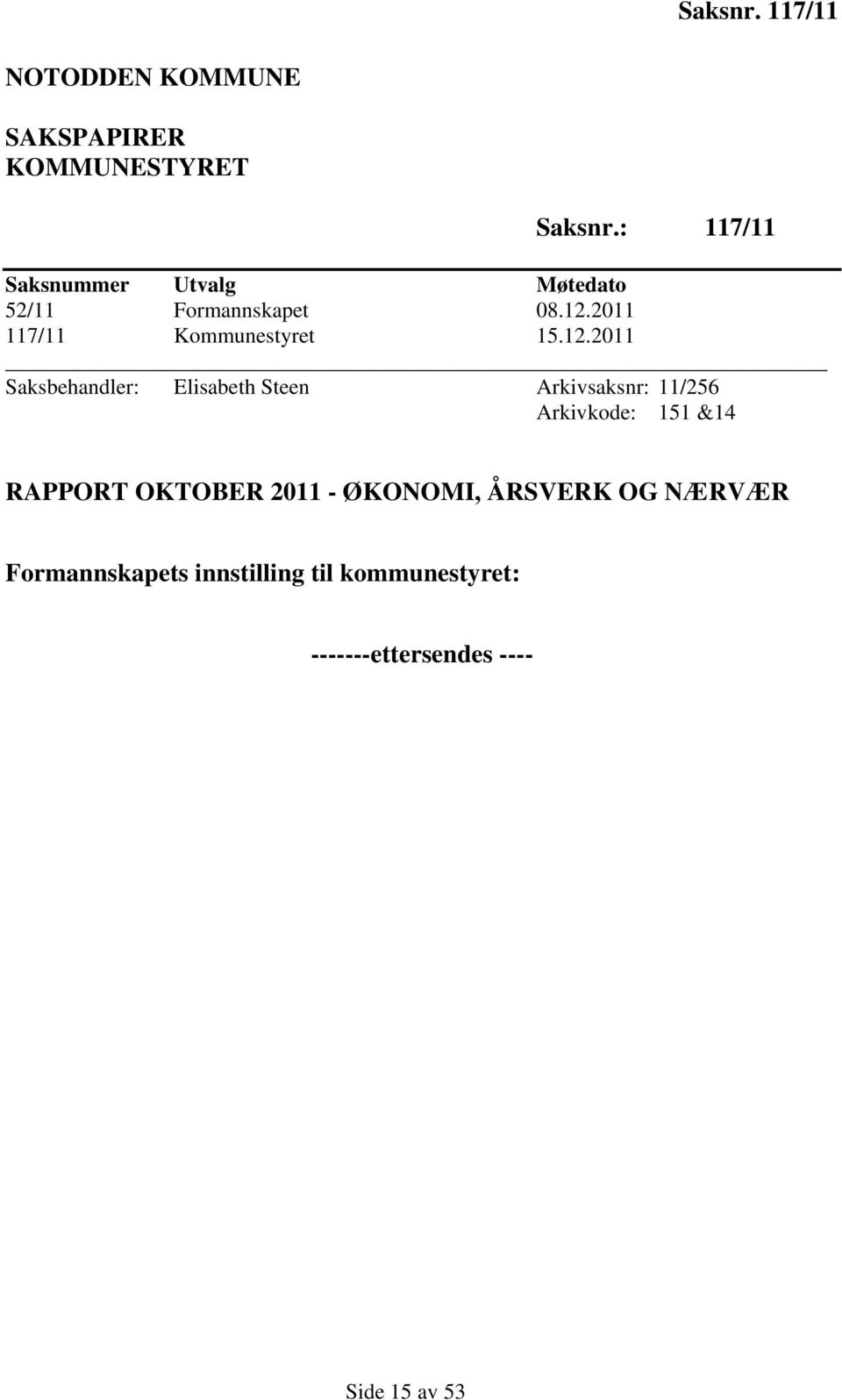 12.2011 Saksbehandler: Elisabeth Steen Arkivsaksnr: 11/256 Arkivkode: 151 &14 RAPPORT