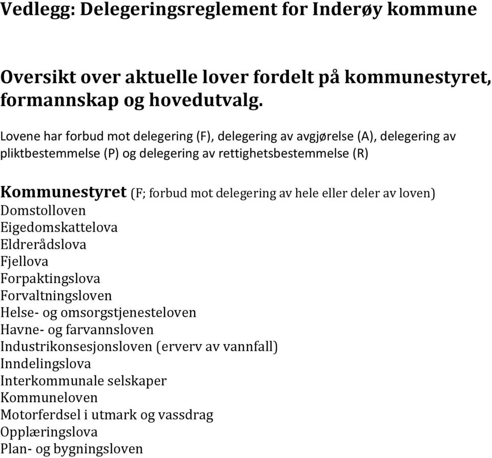 forbud mot delegering av hele eller deler av loven) Domstolloven Eigedomskattelova Eldrerådslova Fjellova Forpaktingslova Forvaltningsloven Helse- og