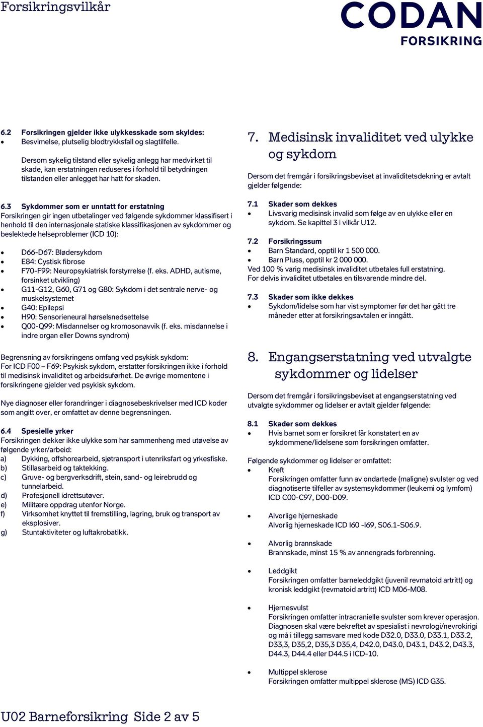 3 Sykdommer som er unntatt for erstatning Forsikringen gir ingen utbetalinger ved følgende sykdommer klassifisert i henhold til den internasjonale statiske klassifikasjonen av sykdommer og beslektede