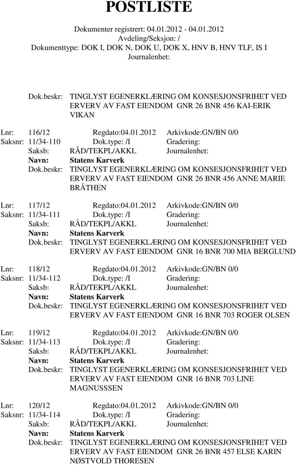 type: /I Gradering: ERVERV AV FAST EIENDOM GNR 16 BNR 700 MIA BERGLUND Lnr: 118/12 Regdato:04.01.2012 Arkivkode:GN/BN 0/0 Saksnr: 11/34-112 Dok.