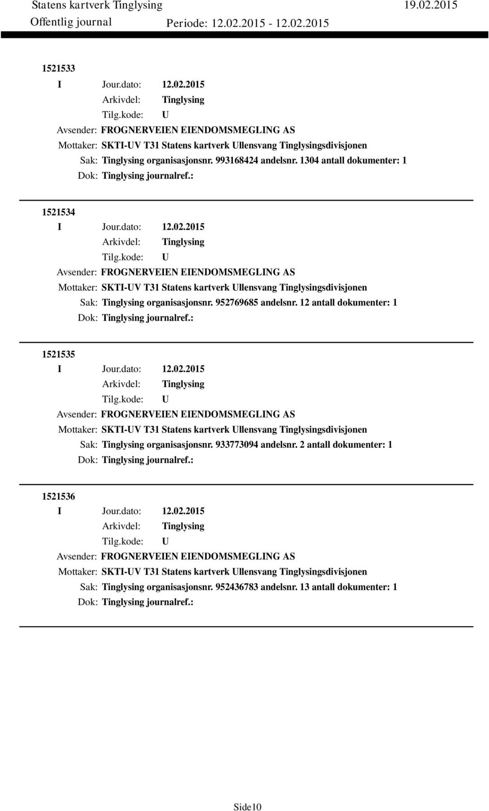 12 antall dokumenter: 1 Dok: journalref.: 1521535 Avsender: FROGNERVEIEN EIENDOMSMEGLING AS Mottaker: SKTI-V T31 Statens kartverk llensvang sdivisjonen Sak: organisasjonsnr. 933773094 andelsnr.