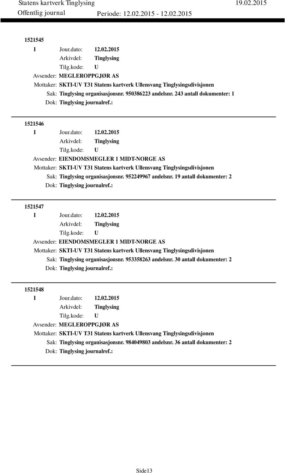 19 antall dokumenter: 2 Dok: journalref.: 1521547 Avsender: EIENDOMSMEGLER 1 MIDT-NORGE AS Mottaker: SKTI-V T31 Statens kartverk llensvang sdivisjonen Sak: organisasjonsnr. 953358263 andelsnr.