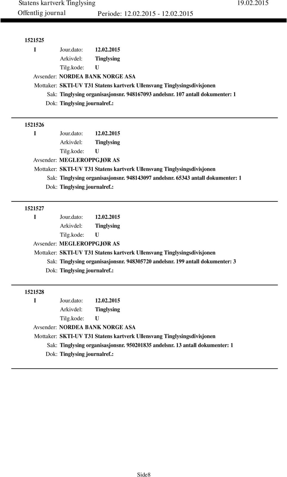 65343 antall dokumenter: 1 Dok: journalref.: 1521527 Avsender: MEGLEROPPGJØR AS Mottaker: SKTI-V T31 Statens kartverk llensvang sdivisjonen Sak: organisasjonsnr. 948305720 andelsnr.