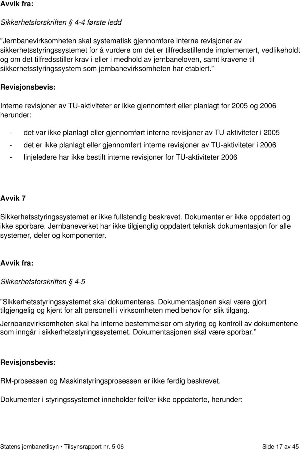 Revisjonsbevis: Interne revisjoner av TU-aktiviteter er ikke gjennomført eller planlagt for 2005 og 2006 herunder: - det var ikke planlagt eller gjennomført interne revisjoner av TU-aktiviteter i