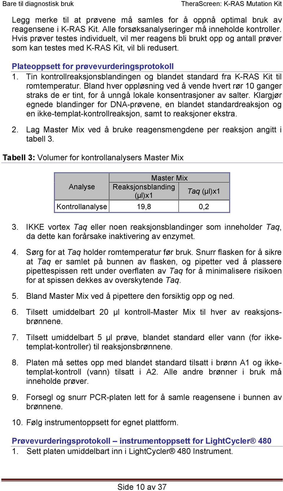 Tin kontrollreaksjonsblandingen og blandet standard fra K-RAS Kit til romtemperatur.