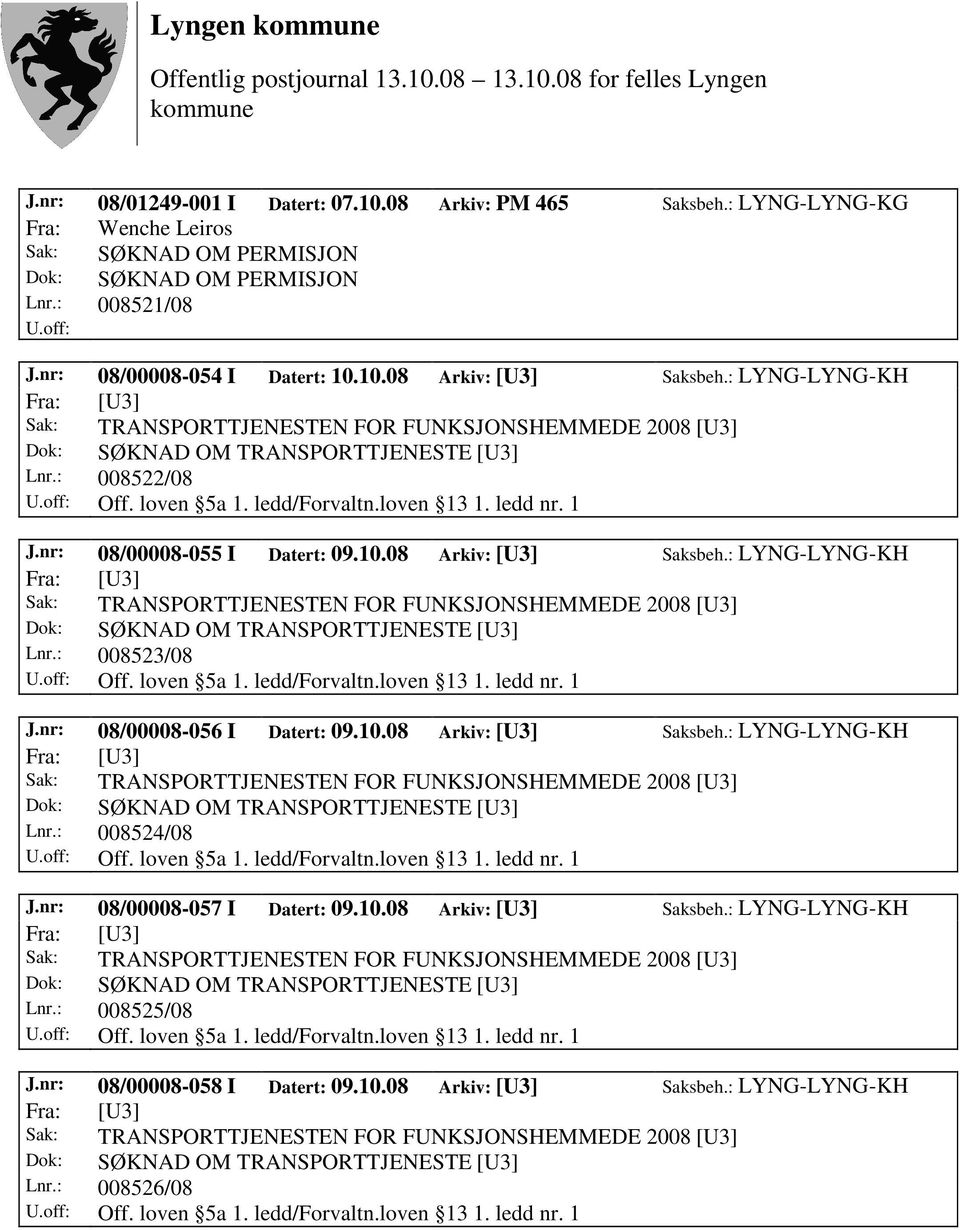 nr: 08/00008-055 I Datert: 09.10.08 Arkiv: [U3] Saksbeh.: LYNG-LYNG-KH Sak: TRANSPORTTJENESTEN FOR FUNKSJONSHEMMEDE 2008 [U3] Dok: SØKNAD OM TRANSPORTTJENESTE [U3] Lnr.: 008523/08 Off. loven 5a 1.