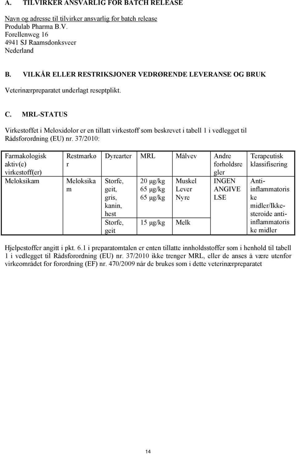 MRL-STATUS Virkestoffet i Meloxidolor er en tillatt virkestoff som beskrevet i tabell 1 i vedlegget til Rådsforordning (EU) nr.