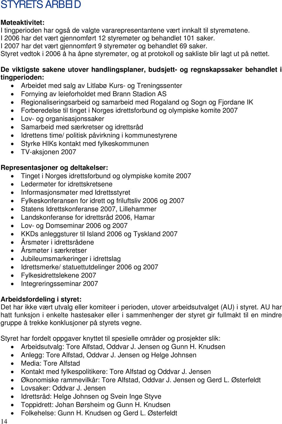 De viktigste sakene utover handlingsplaner, budsjett- og regnskapssaker behandlet i tingperioden: Arbeidet med salg av Litlabø Kurs- og Treningssenter Fornying av leieforholdet med Brann Stadion AS