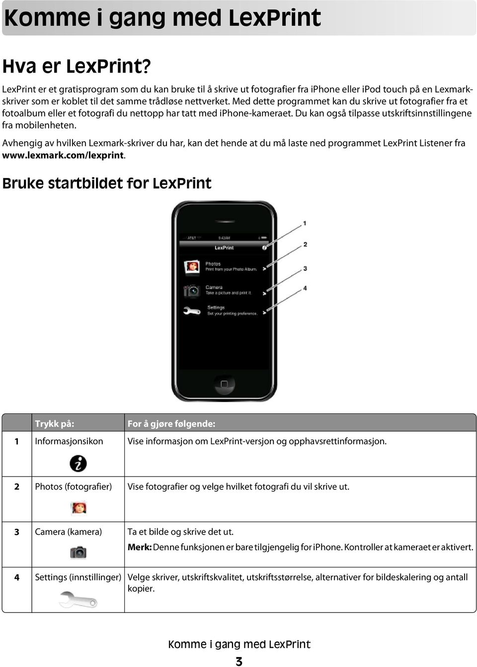 Med dette programmet kan du skrive ut fotografier fra et fotoalbum eller et fotografi du nettopp har tatt med iphone-kameraet. Du kan også tilpasse utskriftsinnstillingene fra mobilenheten.