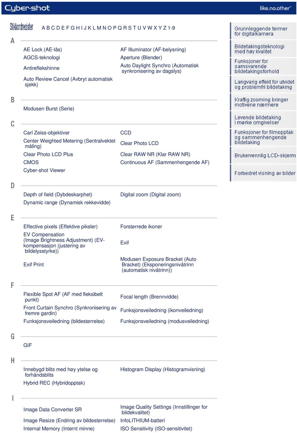 CCD Clear Photo LCD Clear RAW NR (Klar RAW NR) Continuous AF (Sammenhengende AF) Depth of field (Dybdeskarphet) Dynamic range (Dynamisk rekkevidde) Digital zoom (Digital zoom) Effective pixels