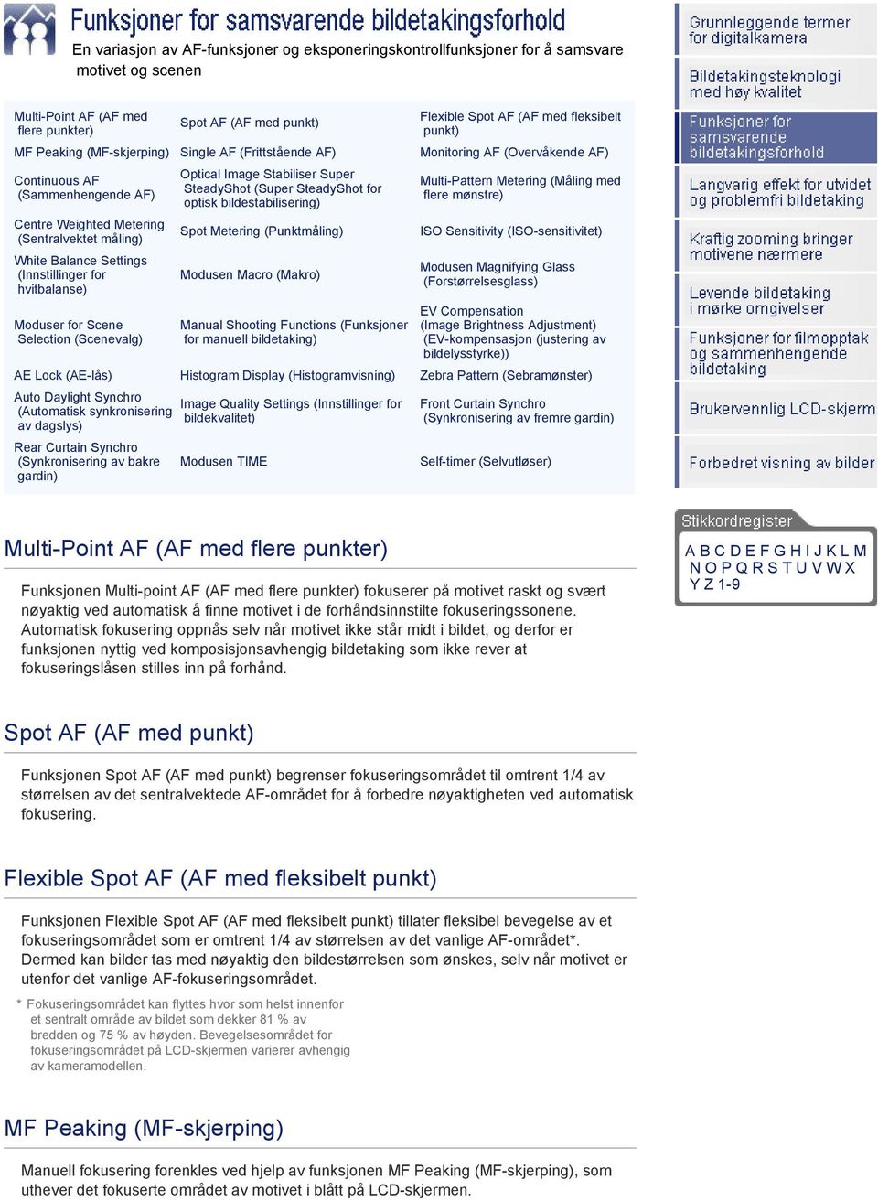 (Innstillinger for hvitbalanse) Moduser for Scene Selection (Scenevalg) Optical Image Stabiliser Super SteadyShot (Super SteadyShot for optisk bildestabilisering) Spot Metering (Punktmåling) Modusen