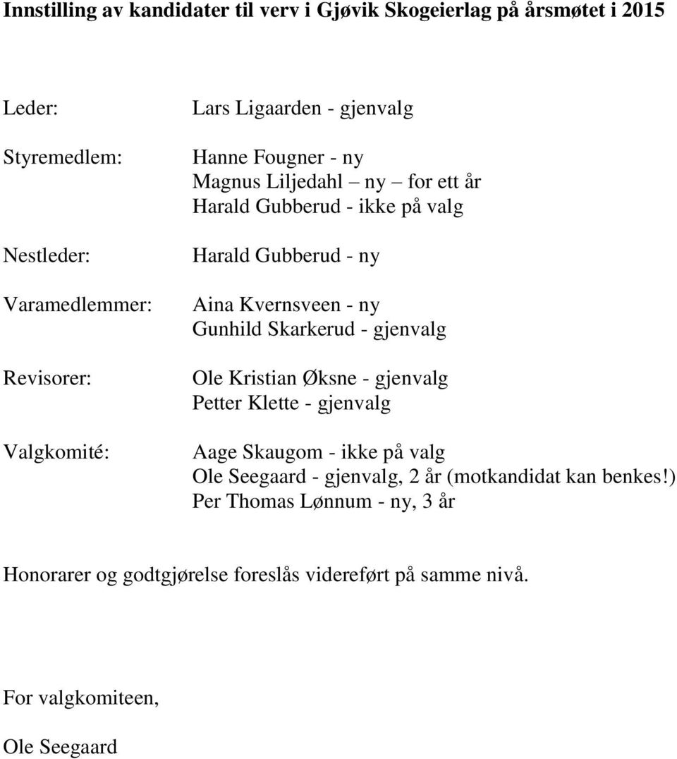 ny Gunhild Skarkerud - gjenvalg Ole Kristian Øksne - gjenvalg Petter Klette - gjenvalg Aage Skaugom - ikke på valg Ole Seegaard - gjenvalg, 2 år