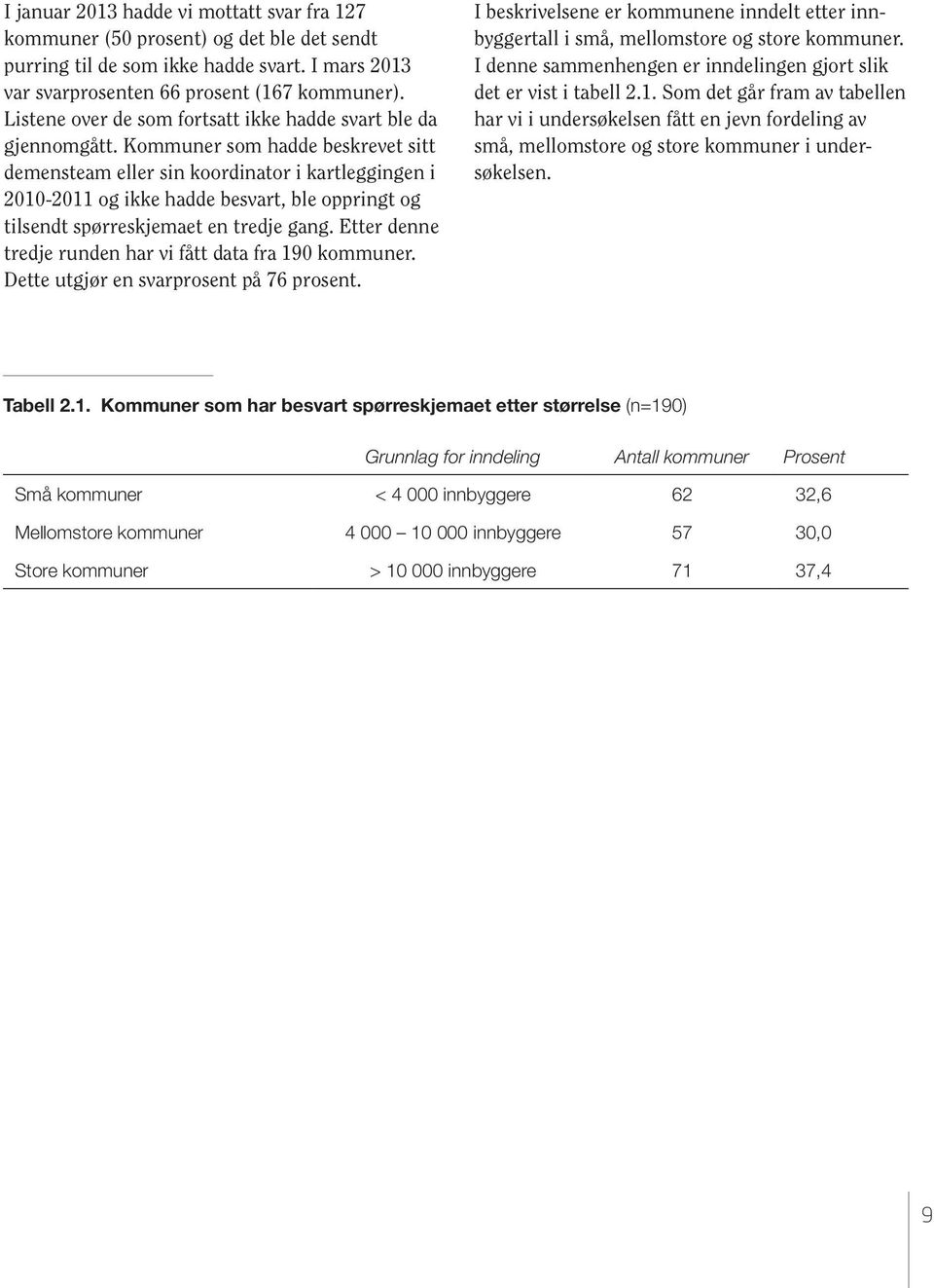 Kommuner som hadde beskrevet sitt demensteam eller sin koordinator i kartleggingen i 2010-2011 og ikke hadde besvart, ble oppringt og tilsendt spørreskjemaet en tredje gang.