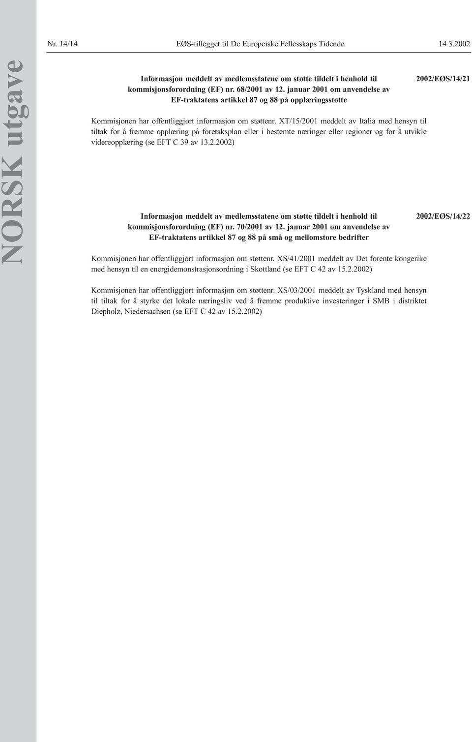 XT/15/2001 meddelt av Italia med hensyn til tiltak for å fremme opplæring på foretaksplan eller i bestemte næringer eller regioner og for å utvikle videreopplæring (se EFT C 39 av 13.2.2002) Informasjon meddelt av medlemsstatene om støtte tildelt i henhold til kommisjonsforordning (EF) nr.