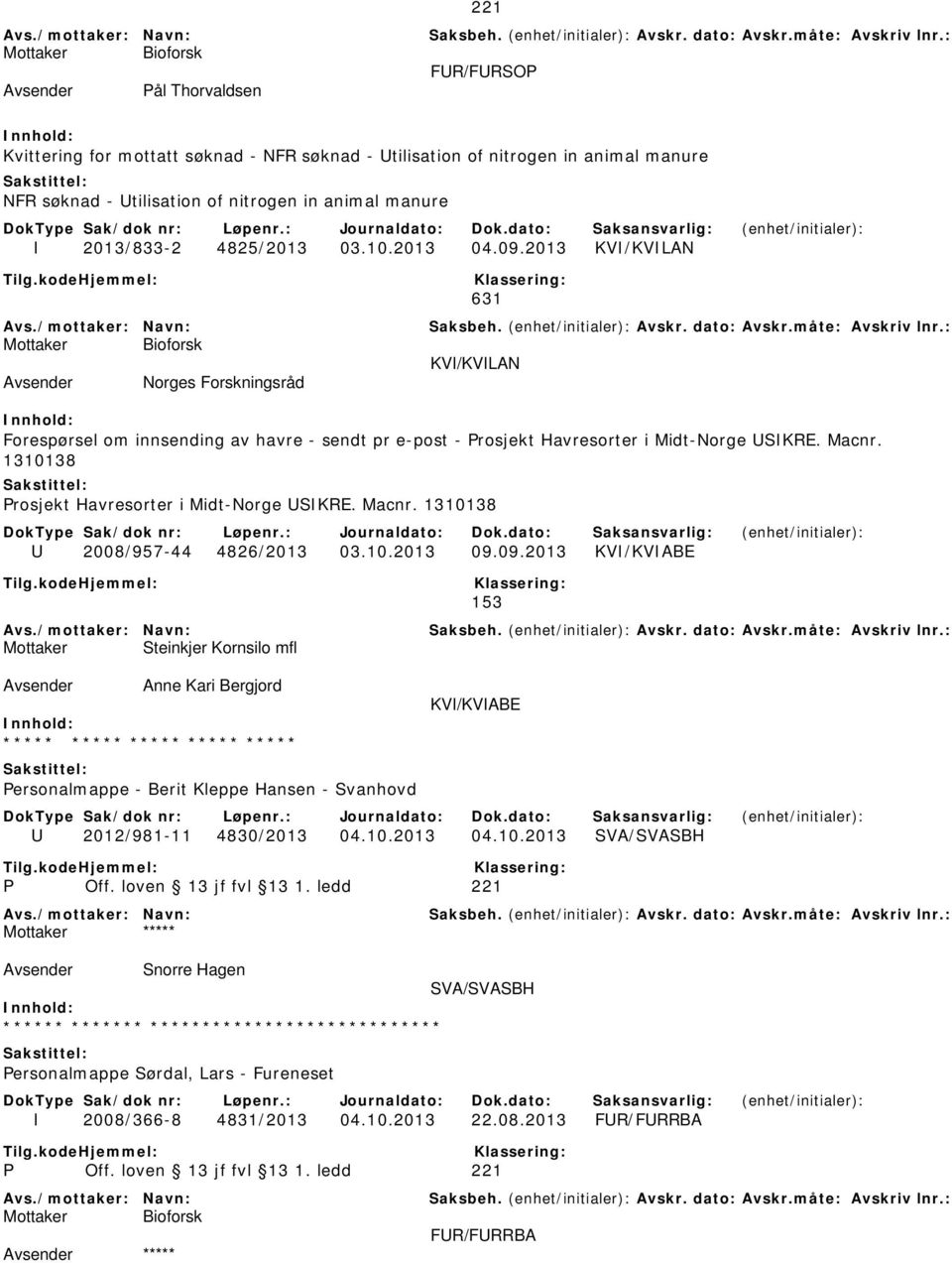 1310138 Prosjekt Havresorter i Midt-Norge USIKRE. Macnr. 1310138 U 2008/957-44 4826/2013 03.10.2013 09.