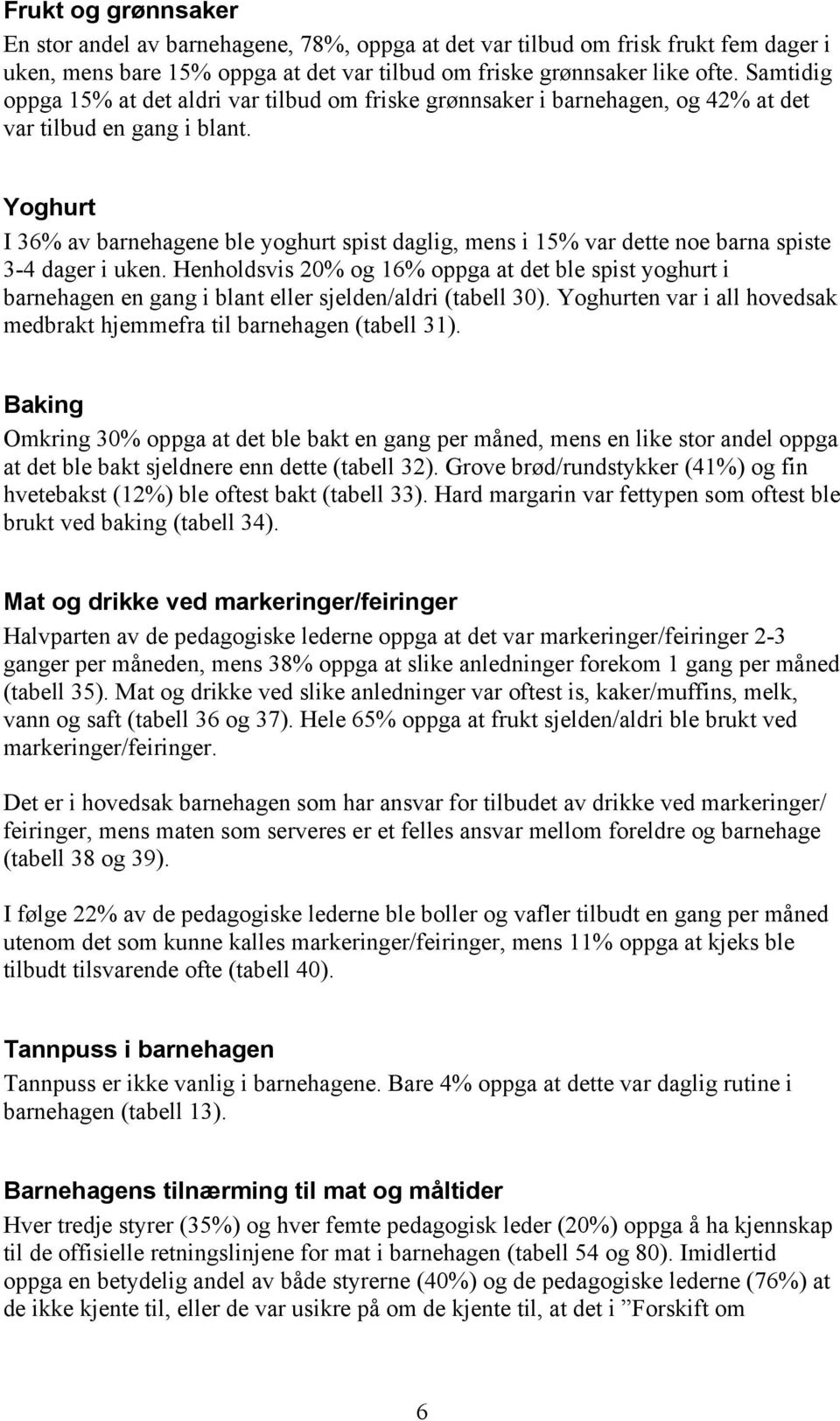 Yoghurt I 36% av barnehagene ble yoghurt spist daglig, mens i 15% var dette noe barna spiste 3-4 dager i uken.