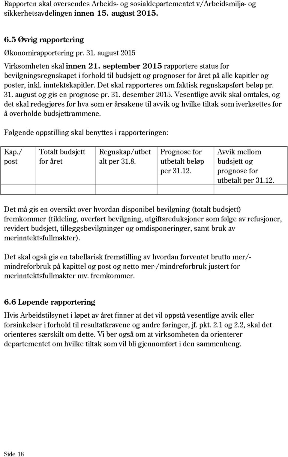 Det skal rapporteres om faktisk regnskapsført beløp pr. 31. august og gis en prognose pr. 31. desember 2015.