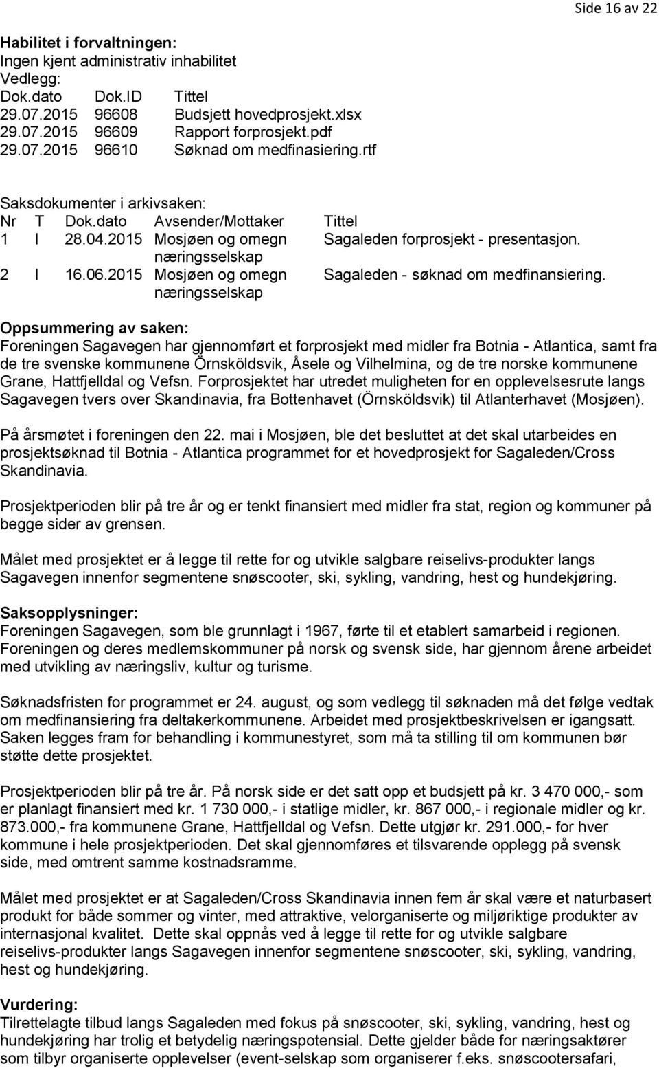 næringsselskap 2 I 16.06.2015 Mosjøen og omegn næringsselskap Sagaleden - søknad om medfinansiering.