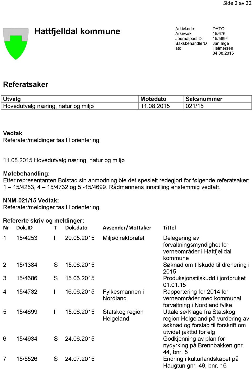 2015 021/15 Vedtak Referater/meldinger tas til orientering. 11.08.