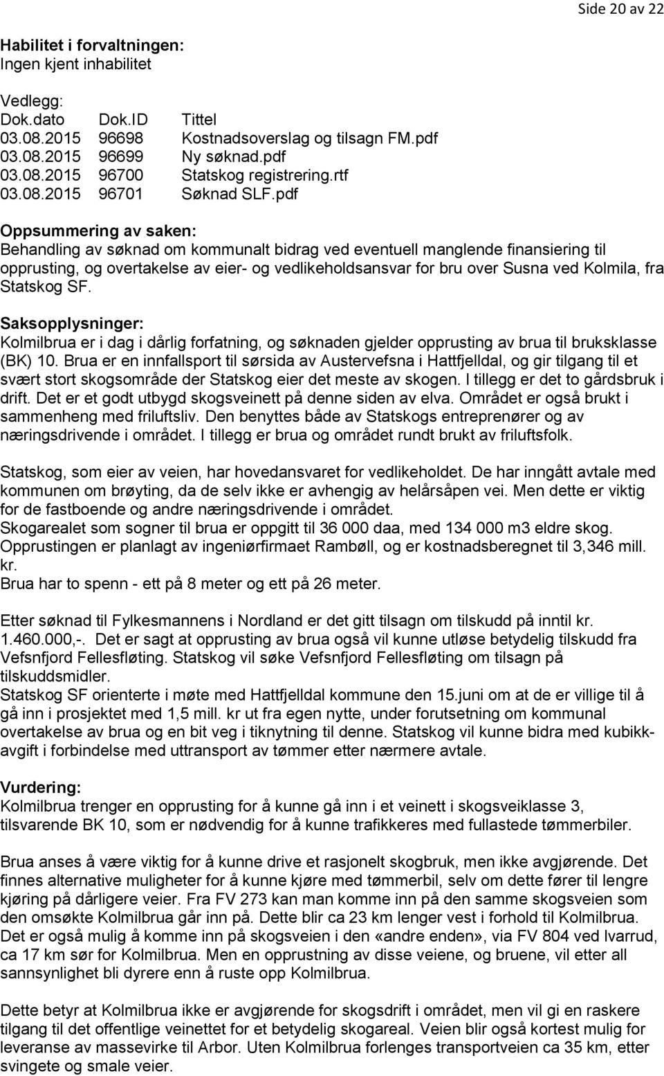 pdf Oppsummering av saken: Behandling av søknad om kommunalt bidrag ved eventuell manglende finansiering til opprusting, og overtakelse av eier- og vedlikeholdsansvar for bru over Susna ved Kolmila,