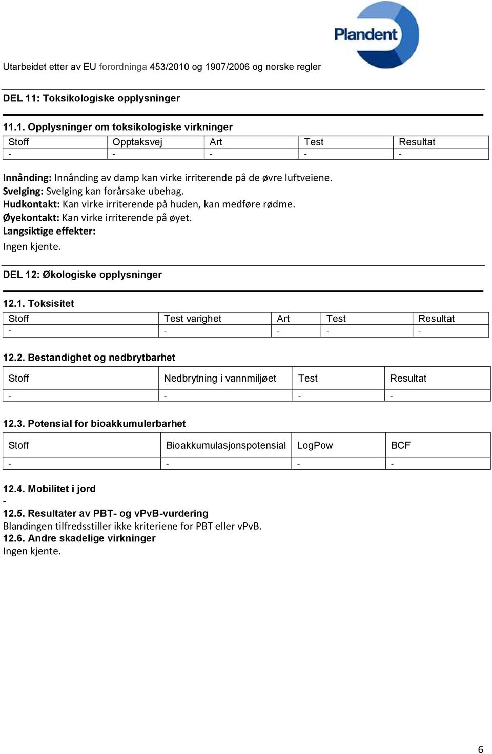 DEL 12: Økologiske opplysninger 12.1. Toksisitet Stoff Test varighet Art Test Resultat 12.2. Bestandighet og nedbrytbarhet Stoff Nedbrytning i vannmiljøet Test Resultat 12.3.