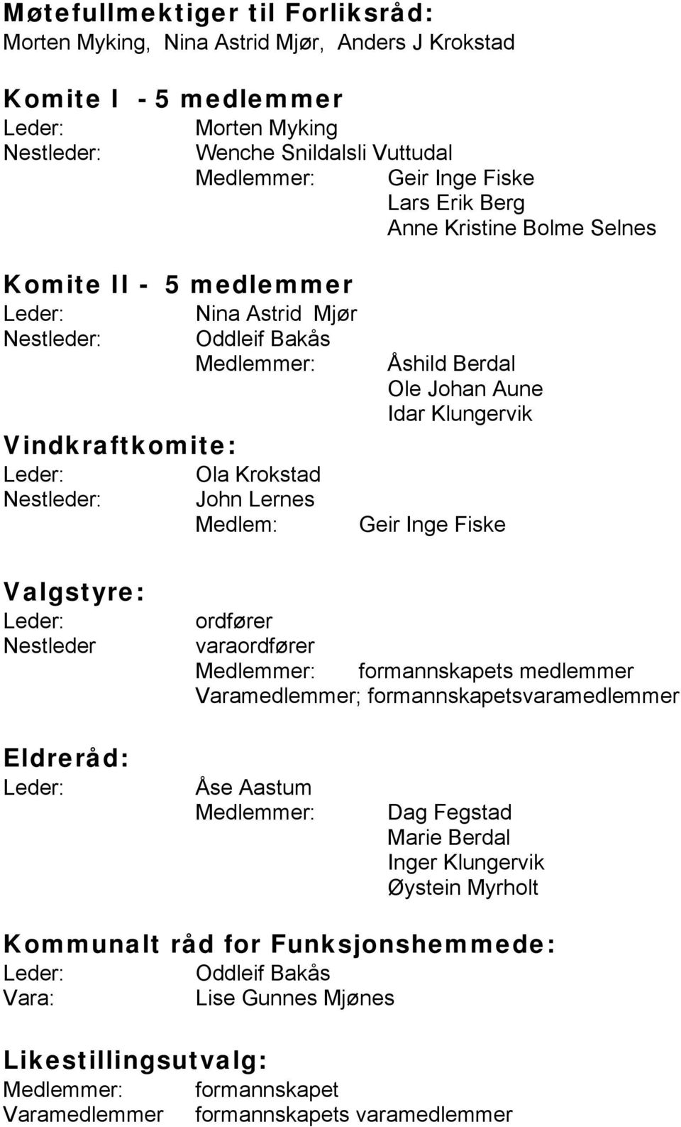 Aune Idar Klungervik Geir Inge Fiske Valgstyre: Nestleder vara formannskapets medlemmer Varamedlemmer; formannskapetsvaramedlemmer Eldreråd: Åse Aastum Dag Fegstad Marie Berdal