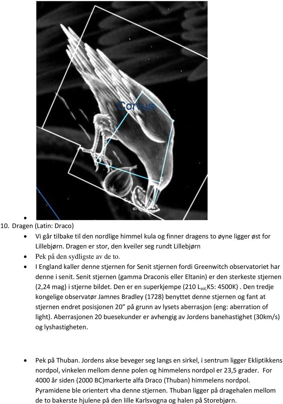 Senit stjernen (gamma Draconis eller Eltanin) er den sterkeste stjernen (2,24 mag) i stjerne bildet. Den er en superkjempe (210 L sol, K5: 4500K).