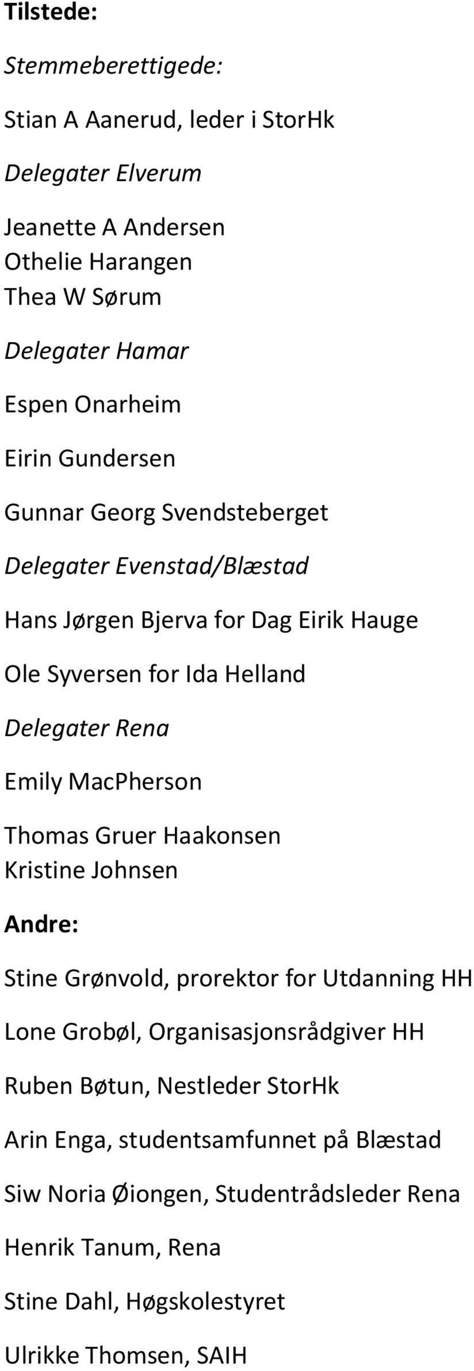 Rena Emily MacPherson Thomas Gruer Haakonsen Kristine Johnsen Andre: Stine Grønvold, prorektor for Utdanning HH Lone Grobøl, Organisasjonsrådgiver HH Ruben