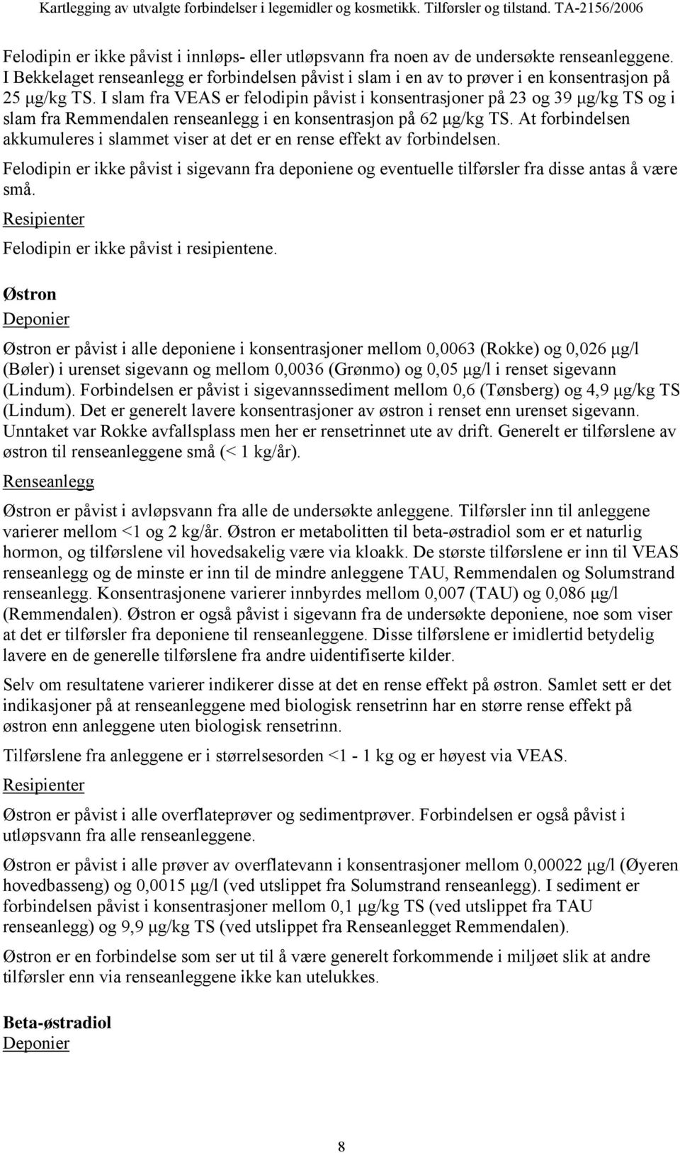 I slam fra VEAS er felodipin påvist i konsentrasjoner på 23 og 39 µg/kg TS og i slam fra Remmendalen renseanlegg i en konsentrasjon på 62 µg/kg TS.