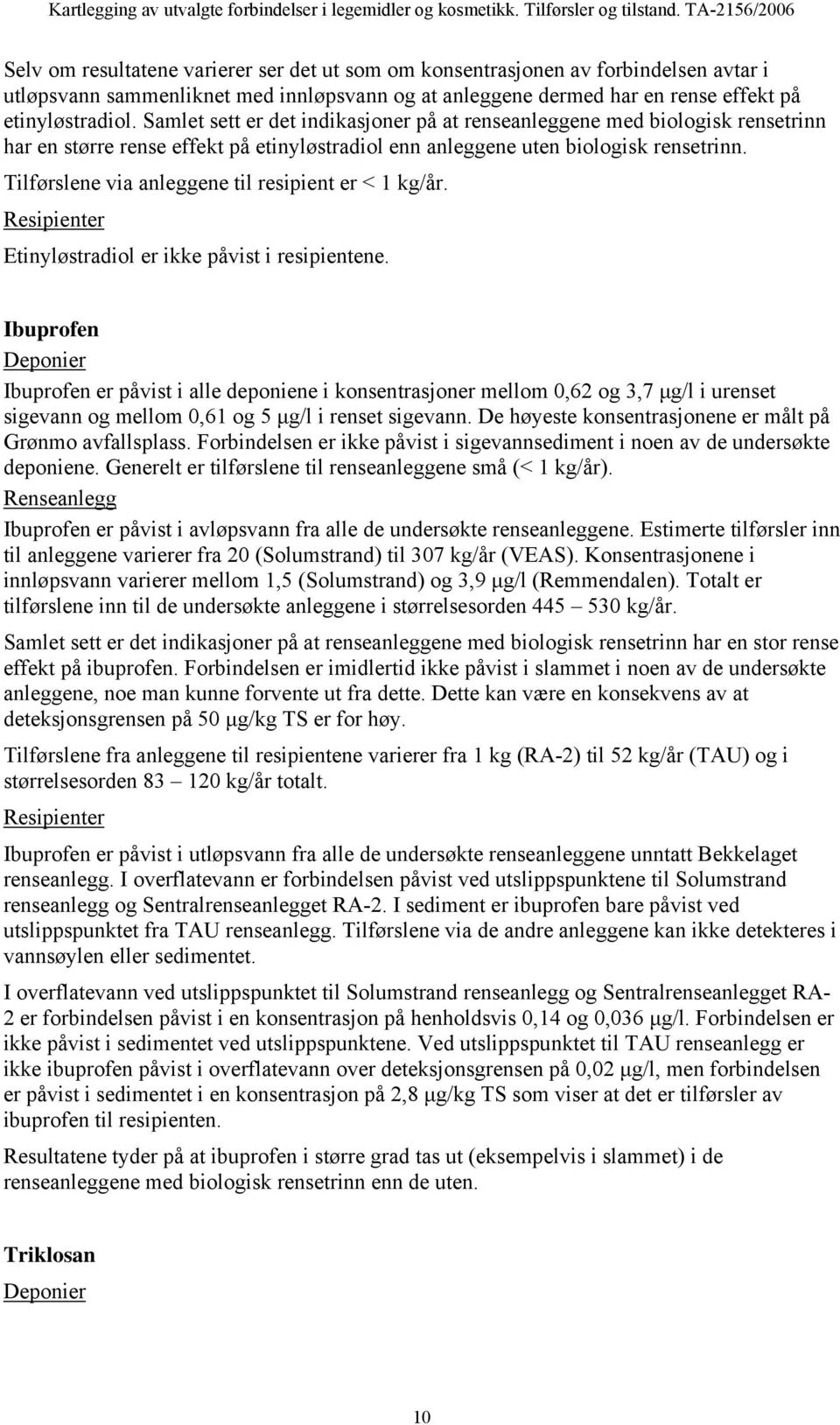 Tilførslene via anleggene til resipient er < 1 kg/år. Resipienter Etinyløstradiol er ikke påvist i resipientene.