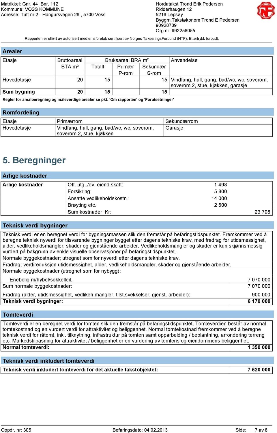 'Om rapporten' og 'Forutsetninger' Romfordeling Etasje Primærrom Sekundærrom Hovedetasje Vindfang, hall, gang, bad/wc, wc, soverom, Garasje soverom 2, stue, kjøkken 5.