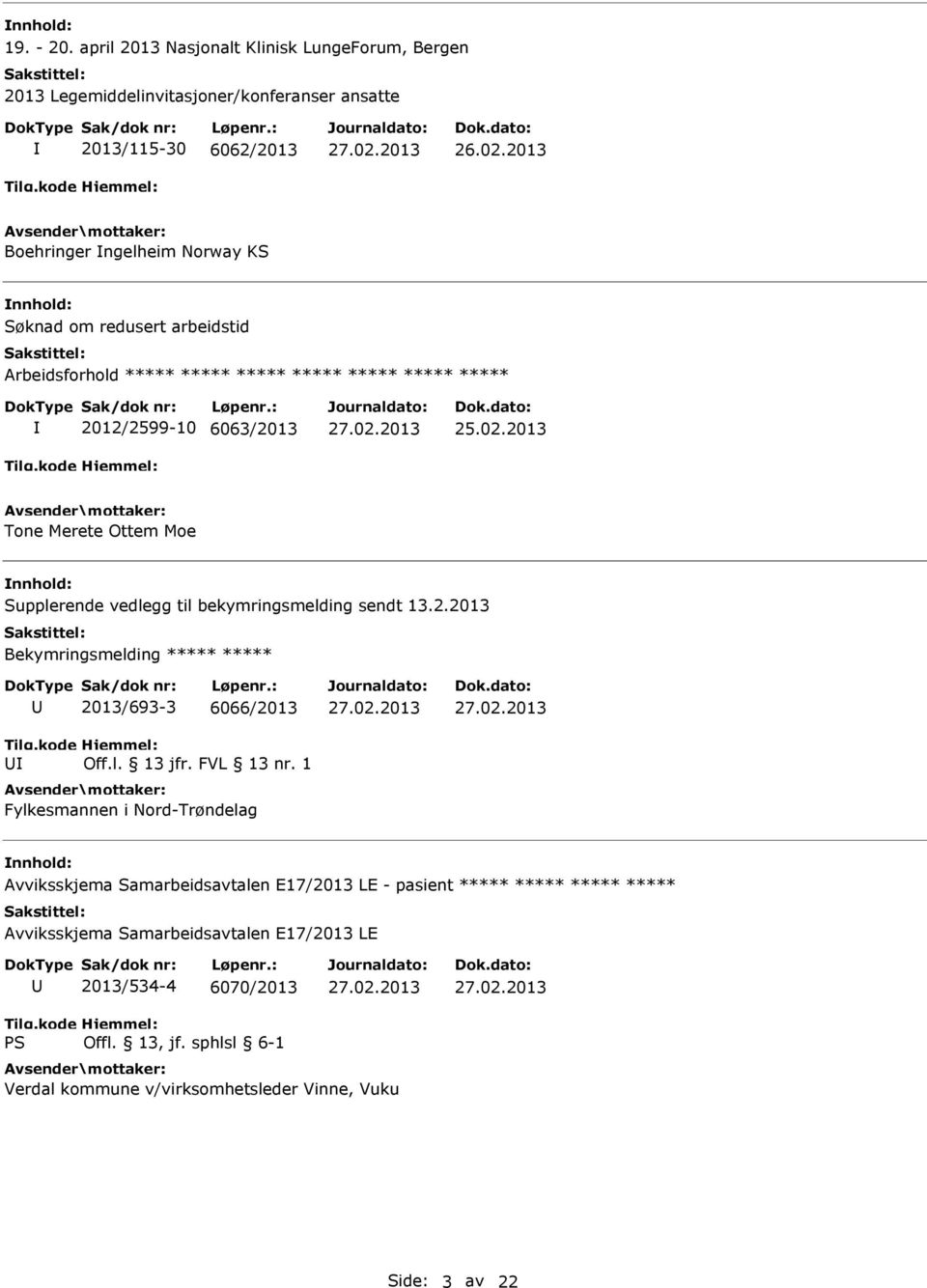 2013 Tone Merete Ottem Moe Supplerende vedlegg til bekymringsmelding sendt 13.2.2013 Bekymringsmelding ***** ***** 2013/693-3 6066/2013 Off.l. 13 jfr. FVL 13 nr.