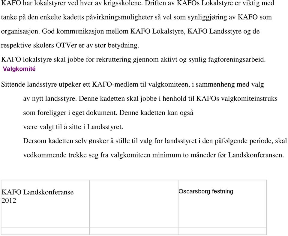 Valgkomité Sittende landsstyre utpeker ett KAFO-medlem til valgkomiteen, i sammenheng med valg av nytt landsstyre.