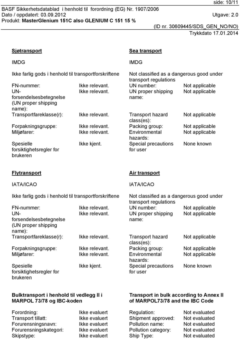 group: Not applicable Miljøfarer: Environmental Not applicable hazards: Spesielle forsiktighetsregler for brukeren Ikke kjent.