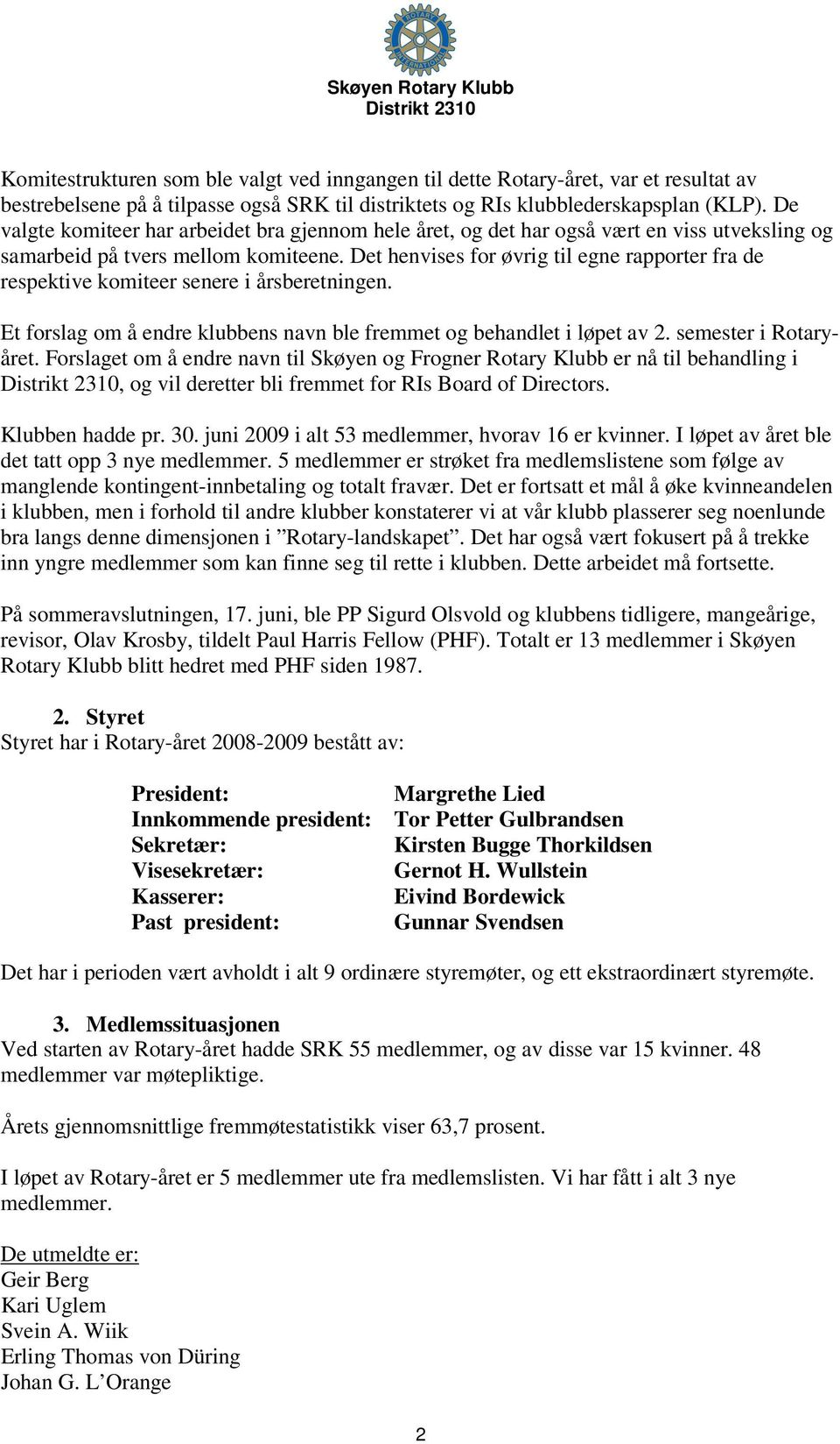 Det henvises for øvrig til egne rapporter fra de respektive komiteer senere i årsberetningen. Et forslag om å endre klubbens navn ble fremmet og behandlet i løpet av 2. semester i Rotaryåret.