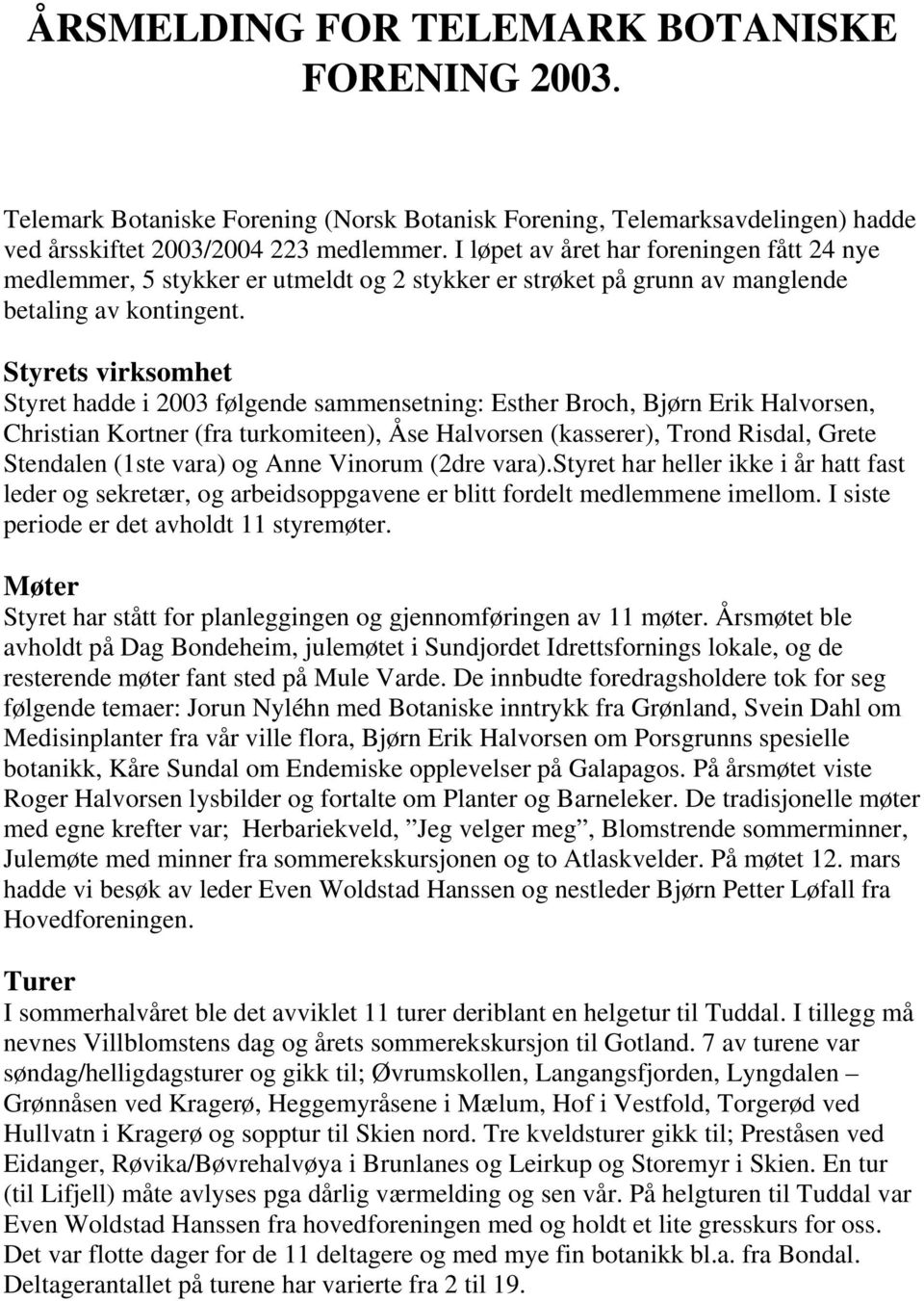 Styrets virksomhet Styret hadde i 2003 følgende sammensetning: Esther Broch, Bjørn Erik Halvorsen, Christian Kortner (fra turkomiteen), Åse Halvorsen (kasserer), Trond Risdal, Grete Stendalen (1ste