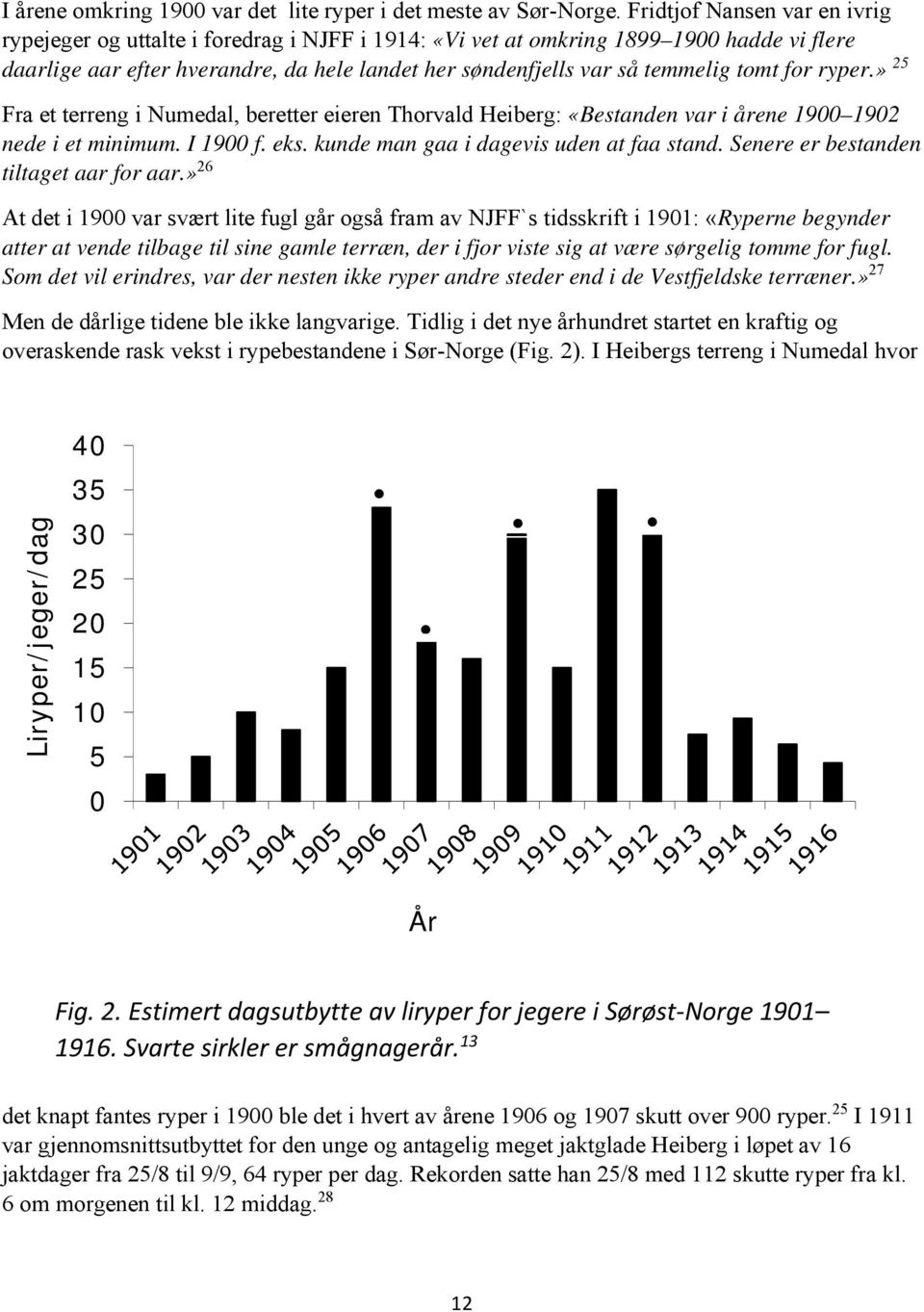 tomt for ryper.» 25 Fra et terreng i Numedal, beretter eieren Thorvald Heiberg: «Bestanden var i årene 1900 1902 nede i et minimum. I 1900 f. eks. kunde man gaa i dagevis uden at faa stand.