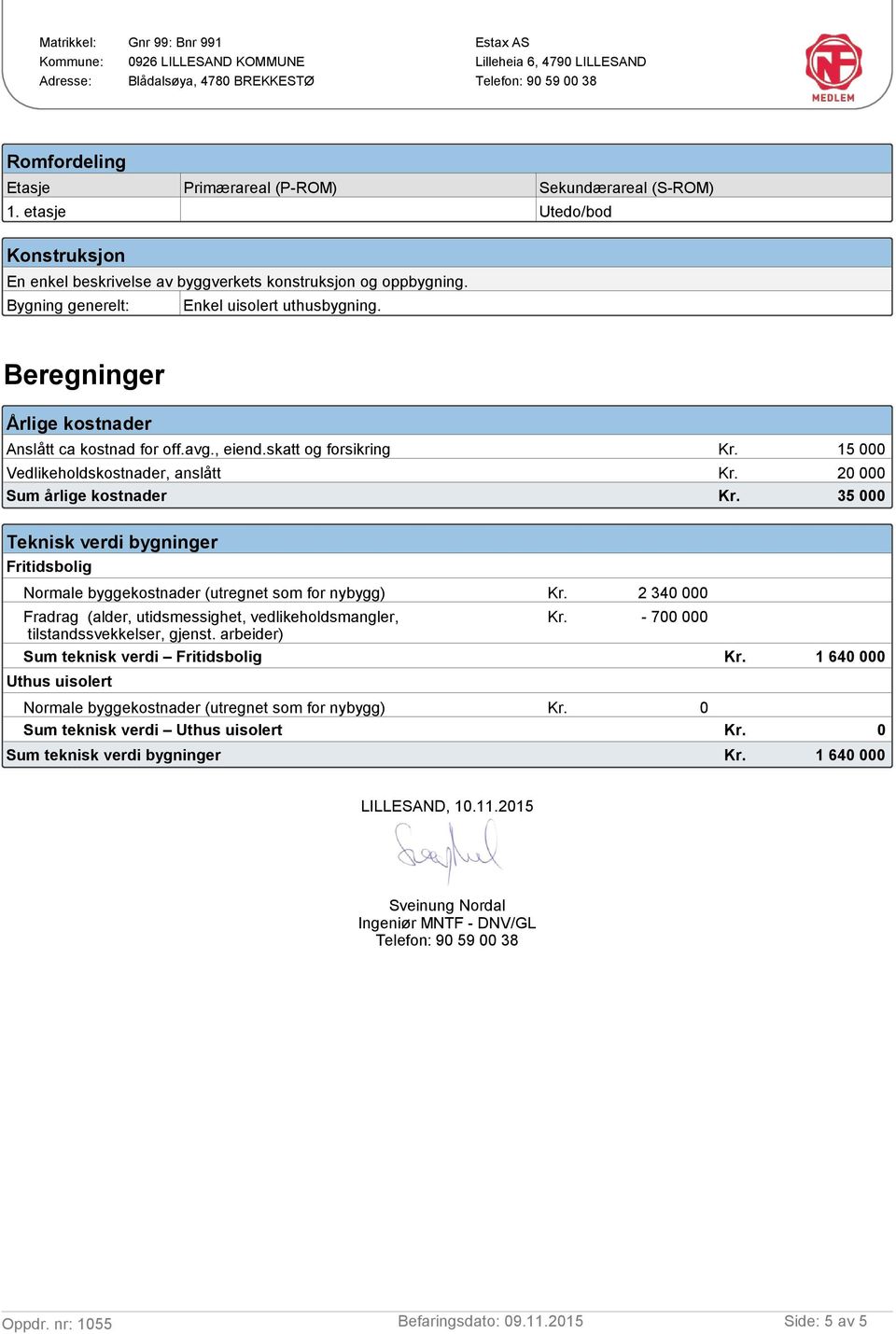 20 000 Sum årlige kostnader Kr. 35 000 Teknisk verdi bygninger Fritidsbolig Normale byggekostnader (utregnet som for nybygg) Kr. 2 340 000 Fradrag (alder, utidsmessighet, vedlikeholdsmangler, Kr.