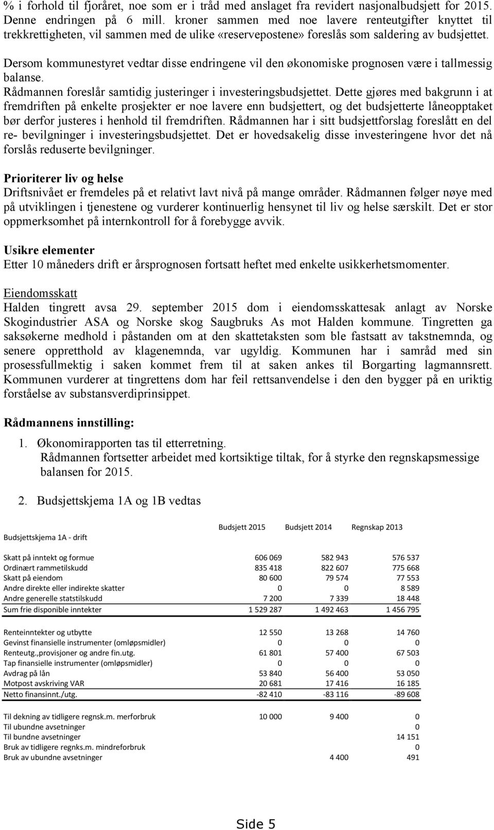 Dersom kommunestyret vedtar disse endringene vil den økonomiske prognosen være i tallmessig balanse. Rådmannen foreslår samtidig justeringer i investeringsbudsjettet.