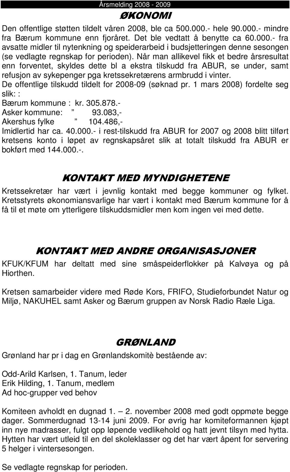 De offentlige tilskudd tildelt for 2008-09 (søknad pr. 1 mars 2008) fordelte seg slik: : Bærum kommune : kr. 305.878.- Asker kommune: 93.083,- Akershus fylke 104.486,- Imidlertid har ca. 40.000.