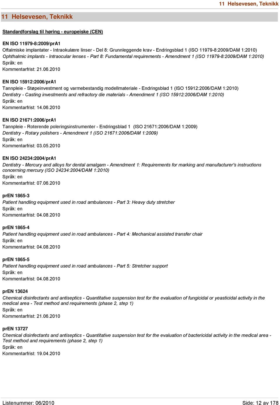 2010 EN ISO 15912:2006/prA1 Tannpleie - Støpeinvestment og varmebestandig modellmateriale - Endringsblad 1 (ISO 15912:2006/DAM 1:2010) Dentistry - Casting investments and refractory die materials -