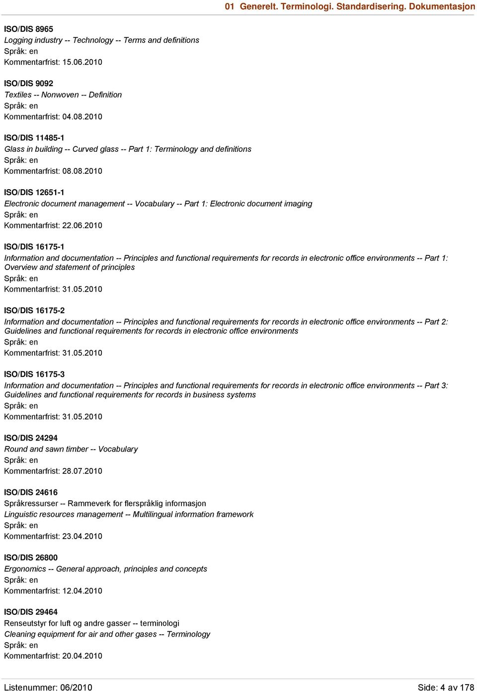 06.2010 ISO/DIS 16175-1 Information and documentation -- Principles and functional requirements for records in electronic office environments -- Part 1: Overview and statement of principles