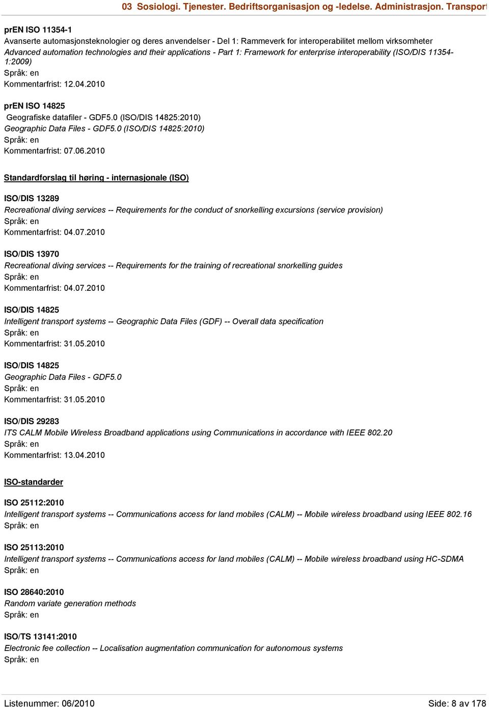 Part 1: Framework for enterprise interoperability (ISO/DIS 11354-1:2009) Kommentarfrist: 12.04.2010 pren ISO 14825 Geografiske datafiler - GDF5.0 (ISO/DIS 14825:2010) Geographic Data Files - GDF5.