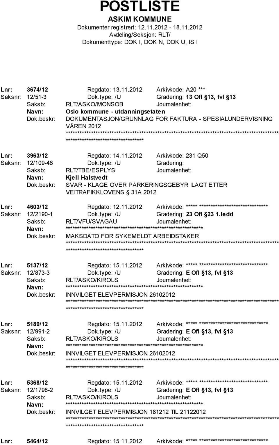 ************************* Lnr: 3963/12 Regdato: 14.11.2012 Arkivkode: 231 Q50 Saksnr: 12/109-46 Dok.