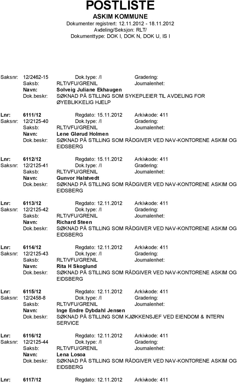 type: /I Gradering: Richard Steen Lnr: 6114/12 Regdato: 12.11.2012 Arkivkode: 411 Saksnr: 12/2125-43 Dok.type: /I Gradering: Rita H Skoglund Lnr: 6115/12 Regdato: 12.11.2012 Arkivkode: 411 Saksnr: 12/2458-8 Dok.