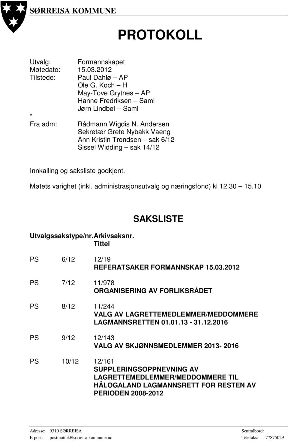 10 Utvalgssakstype/nr. Arkivsaksnr. Tittel SAKSLISTE PS 6/12 12/19 REFERATSAKER FORMANNSKAP 15.03.