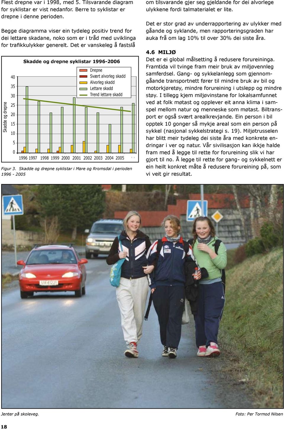 Det er vanskeleg å fastslå Skadde og drepne 40 35 30 25 20 15 10 5 0 Skadde og drepne syklistar 1996-2006 Drepne Svært alvorleg skadd Alvorleg skadd Lettare skadd Trend lettare skadd 1996 1997 1998