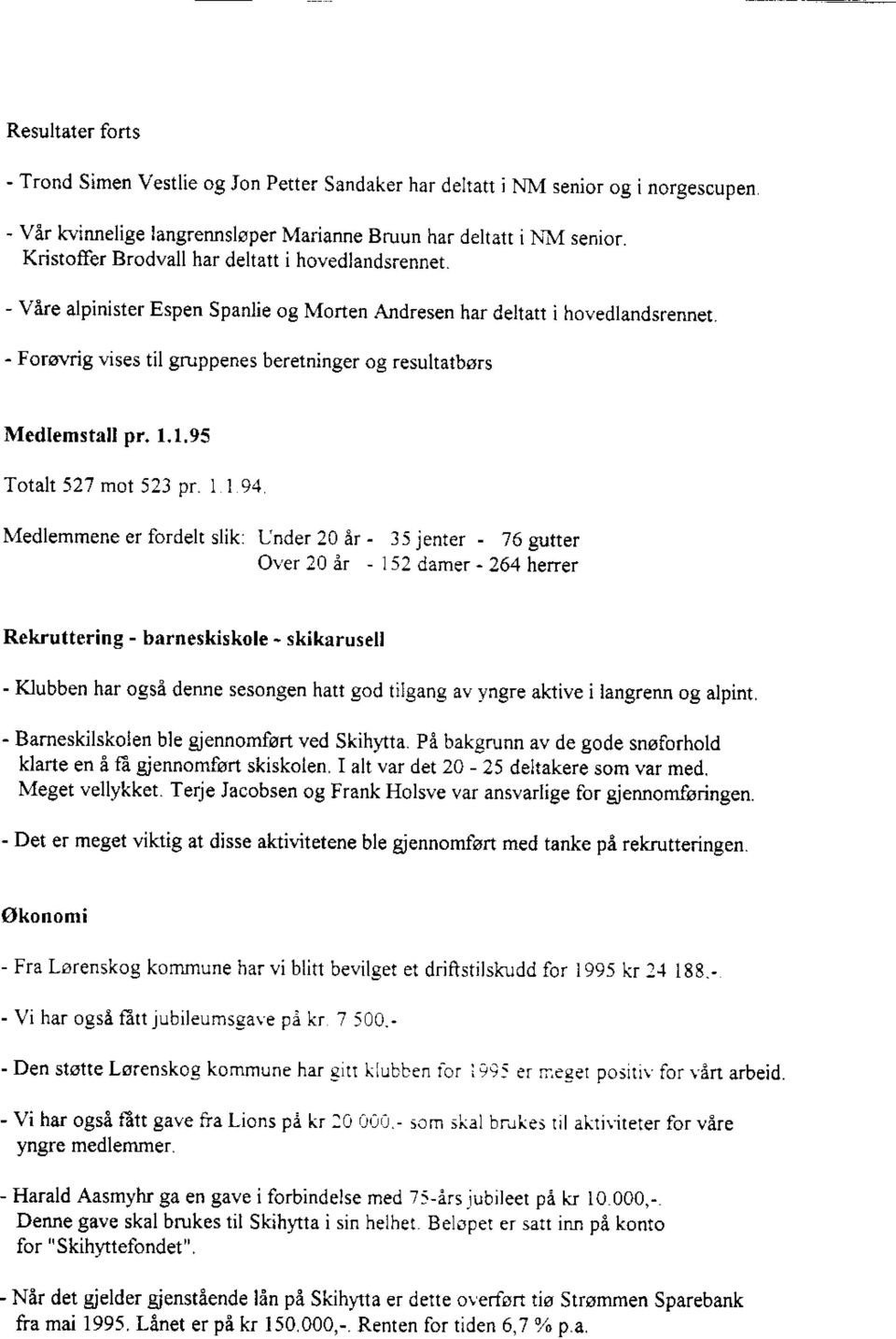 - Forovrig vises til gruppenes beretninger og resultatbsrs Medlemstall pr. 1.1.95 Totalt 527 mot 523 pr.