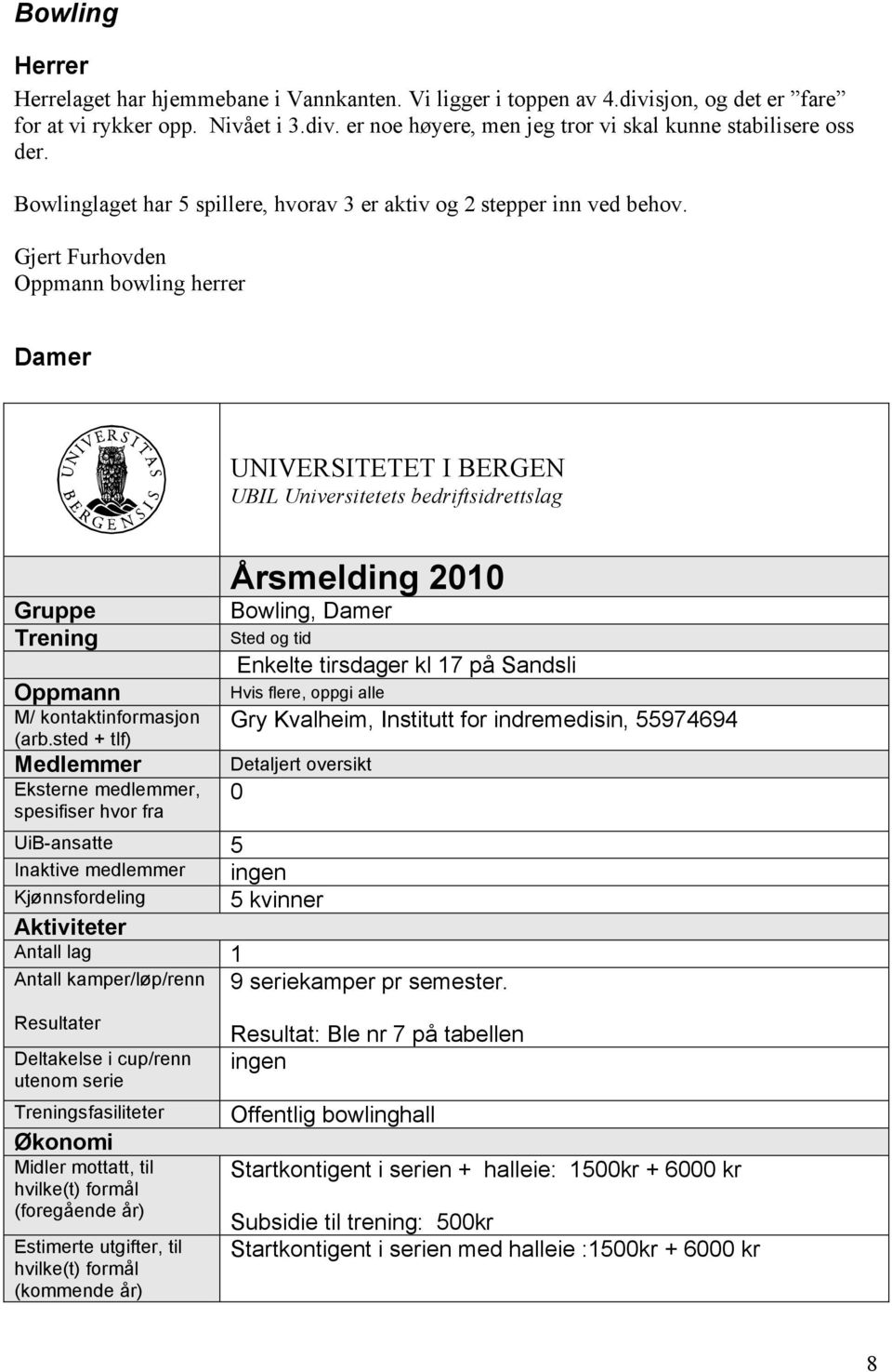 Gjert Furhovden Oppmann bowling herrer Damer UNIVERSITETET I BERGEN UBIL Universitetets bedriftsidrettslag Gruppe Trening Oppmann M/ kontaktinformasjon (arb.