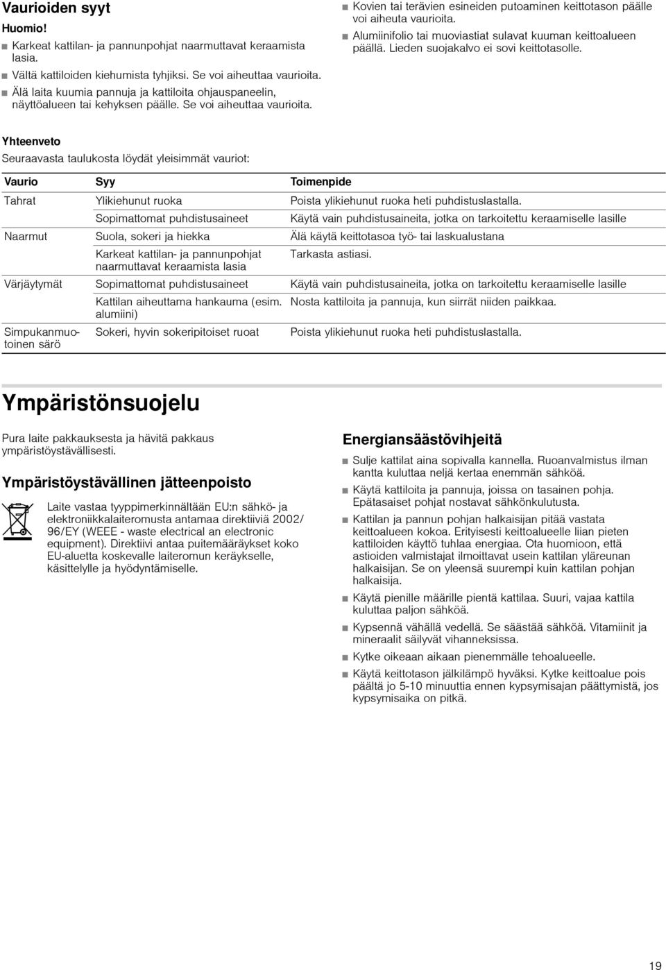 Alumiinifolio tai muoviastiat sulavat kuuman keittoalueen päällä. Lieden suojakalvo ei sovi keittotasolle.